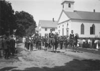 Parade marching band in front of Williamsville church