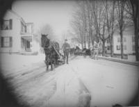 Horse pulling logs on Main Street, Williamsville, Vt.