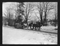 H. Brown and Mr. Bills' four horse team pulling sled, Williamsville, Vt.