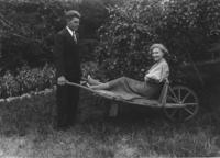 Webster and Ruth Thayer, Porter Thayer's children, with wheelbarrow
