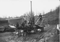 Mill workers on cart with horses, Williamsville, Vt.