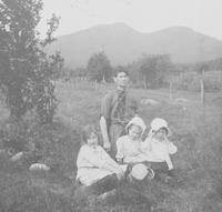 Reverend F.M. Hazen and children of Johnson, VT - Jay Peak in the background