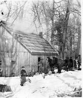 Group with horses in front of a sugarhouse