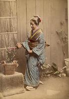 Women in kimono watering flowers